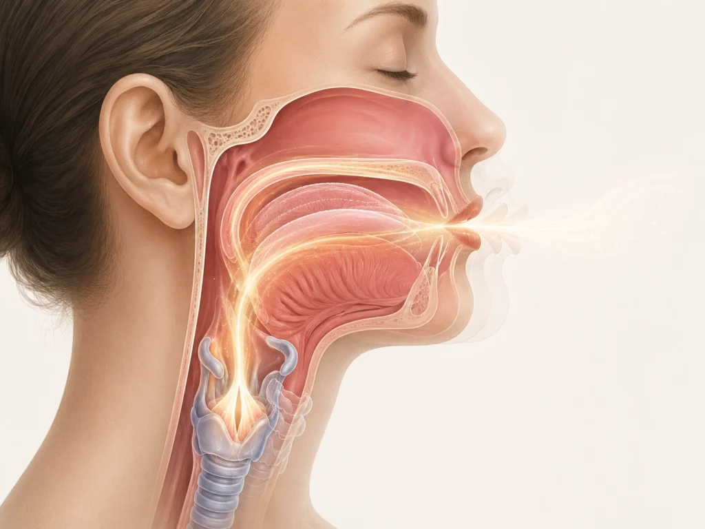 Side-view anatomical illustration of the head and neck showing the mouth, throat, and illuminated airway from the mouth to the trachea.