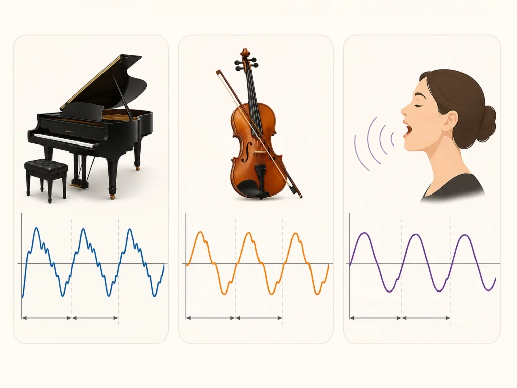 Grand piano with bench on a pale panel, with a blue waveform chart beneath it.