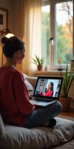 une jeune femme apprend le chant avec des cours de chant en ligne