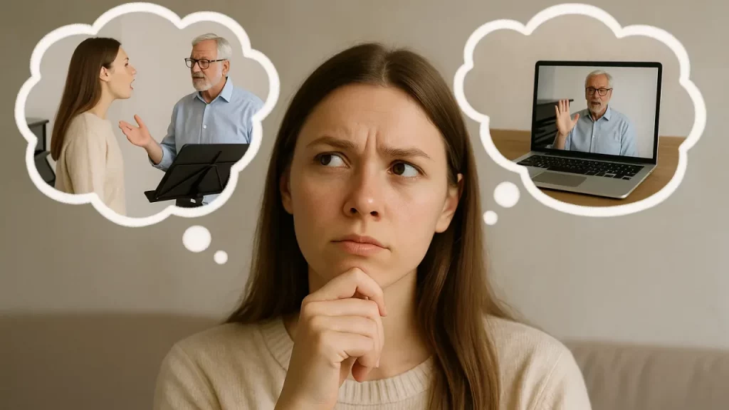 une chanteuse se demande ce qu'elle doit choisir: un cours de chant en ligne ou en presentiel?