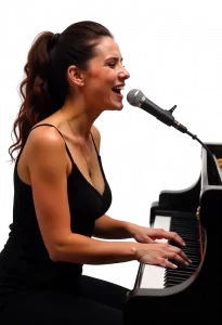 Une chanteuse dans sa formation au chant en ligne en cours de chant en ligne, de son école de chant en ligne Le Chant en Mouvements