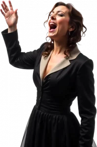Une chanteuse dans sa formation au chant en ligne en cours de chant en ligne, de son école de chant en ligne Le Chant en Mouvements
