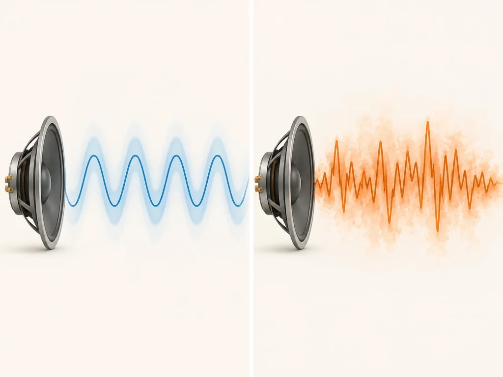 Split panel showing a speaker with a smooth blue wave on the left and a jagged orange waveform on the right, illustrating soft vs loud sound.