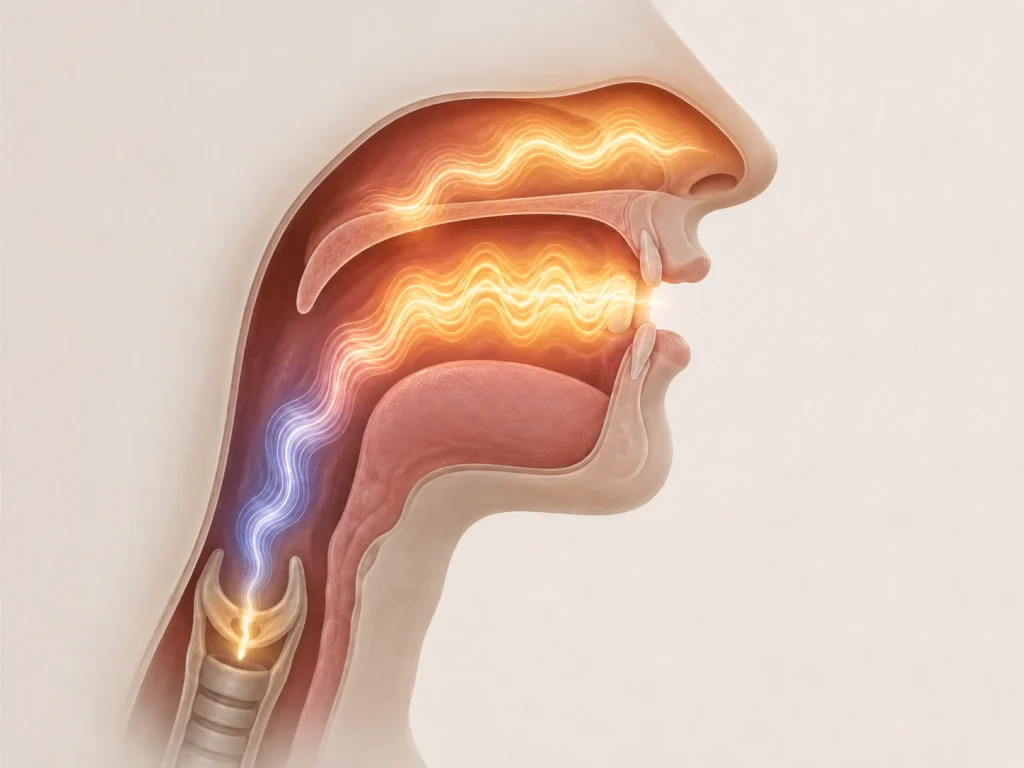 Cross-section of the head and neck showing airflow and vocal cord vibrations in the throat.