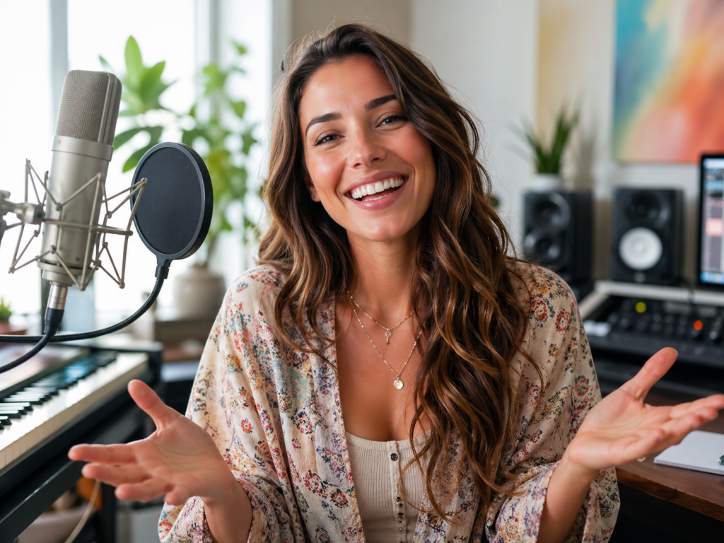 Smiling woman speaks into a microphone in a home studio during a podcast session, with a pop filter and keyboard nearby.