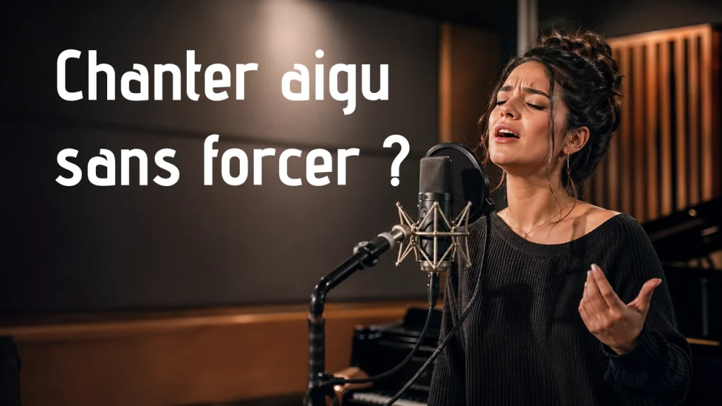 Female singer in a recording studio, eyes closed, performing into a microphone with a pop filter; text overlay reads 'Chanter sans forcer?' on the left side.