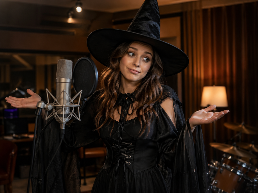 Une chanteuse déguisée en sorcière semble perplexe devant le micro, comme si certaines consignes vocales - faire du Twang - devenaient étranges ou absurdes quand on cherche à chanter aigu sans forcer.