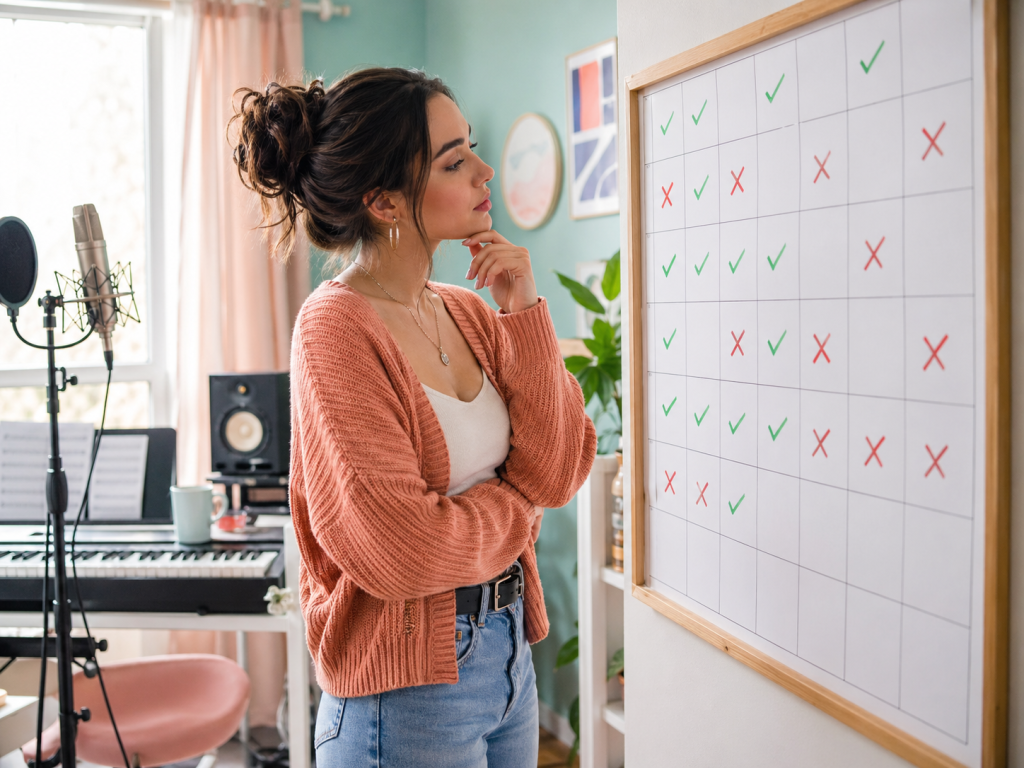 Une chanteuse observe son calendrier de pratique, entre réussites et difficultés, pour rappeler que chanter aigu sans forcer se construit dans le temps, avec des ajustements progressifs.