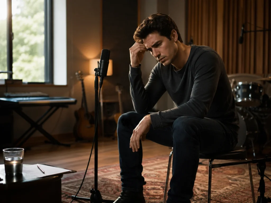 Un chanteur assis dans un studio se demande pourquoi les aigus bloquent, une scène qui introduit très directement la question : comment chanter aigu sans forcer ?