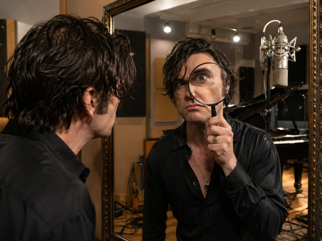 Un chanteur s’examine à la loupe dans un miroir de studio, image un peu grotesque de l’analyse excessive qui peut compliquer le chemin pour chanter aigu sans forcer.