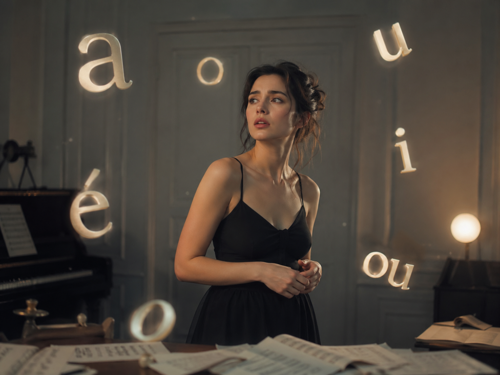 A young woman in a black dress stands in a dim room as glowing letters float around her.