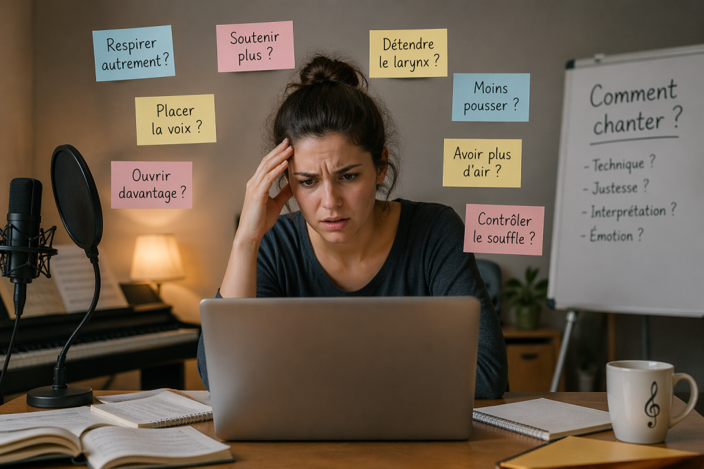Woman at a laptop surrounded by colorful sticky notes about voice technique, looking stressed.