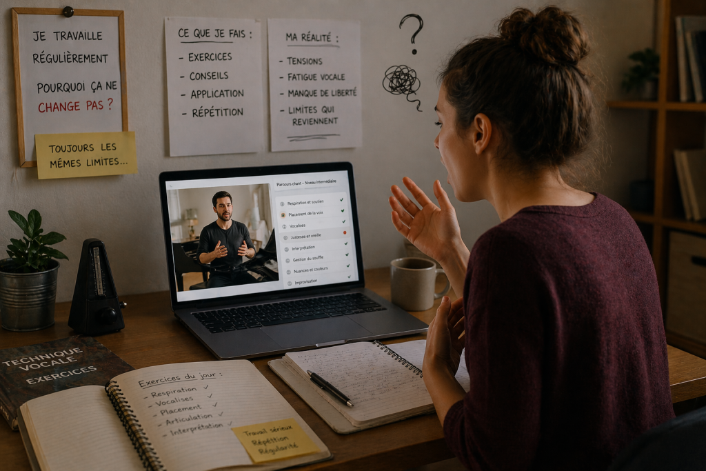 Suivre un parcours ne garantit pas que votre manière de chanter se transforme réellement. Vous pouvez faire correctement les exercices sans que cela change durablement votre fonctionnement vocal.