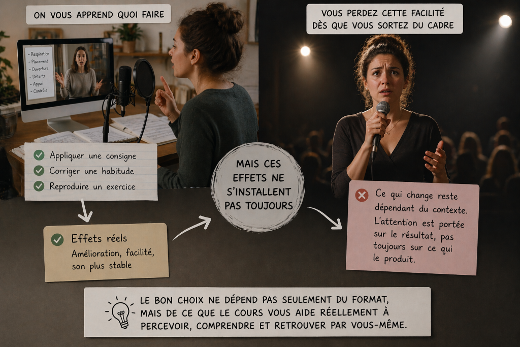 Collage showing a woman recording online on a computer left, with checklist notes and a handwritten sign about real effects; a central circle notes that effects don't always install; a woman speaking on stage right with a mic and a pink note about context-dependent results.