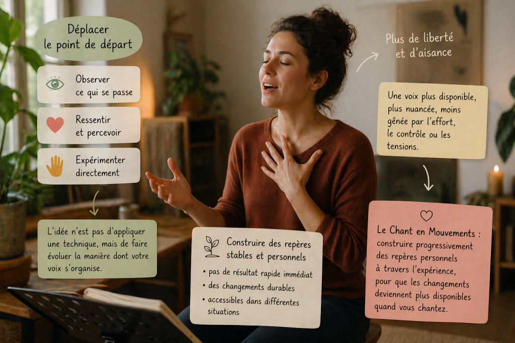 Woman singing with eyes closed, hand on chest, surrounded by floating French text cards on a glass wall in a cozy room.