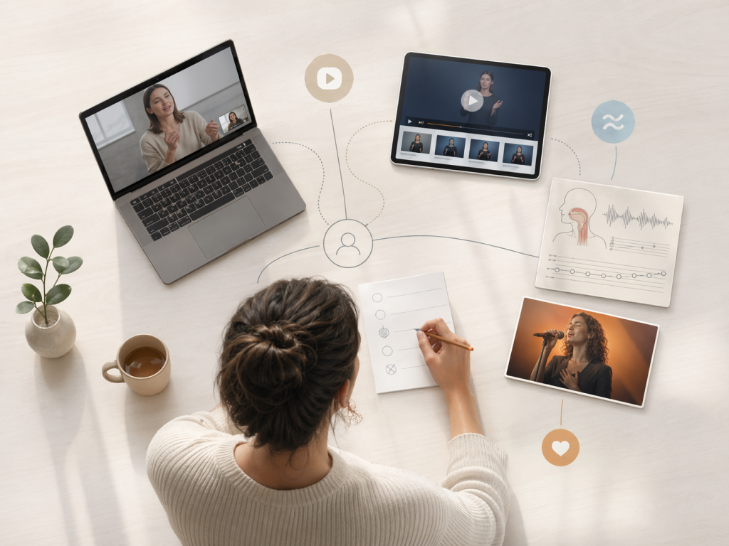 Top-down view of a person at a desk drafting ideas with a laptop, tablet, photos, notes, and a plant nearby. They’re sketching a plan connected by graphic lines for a creative workflow.