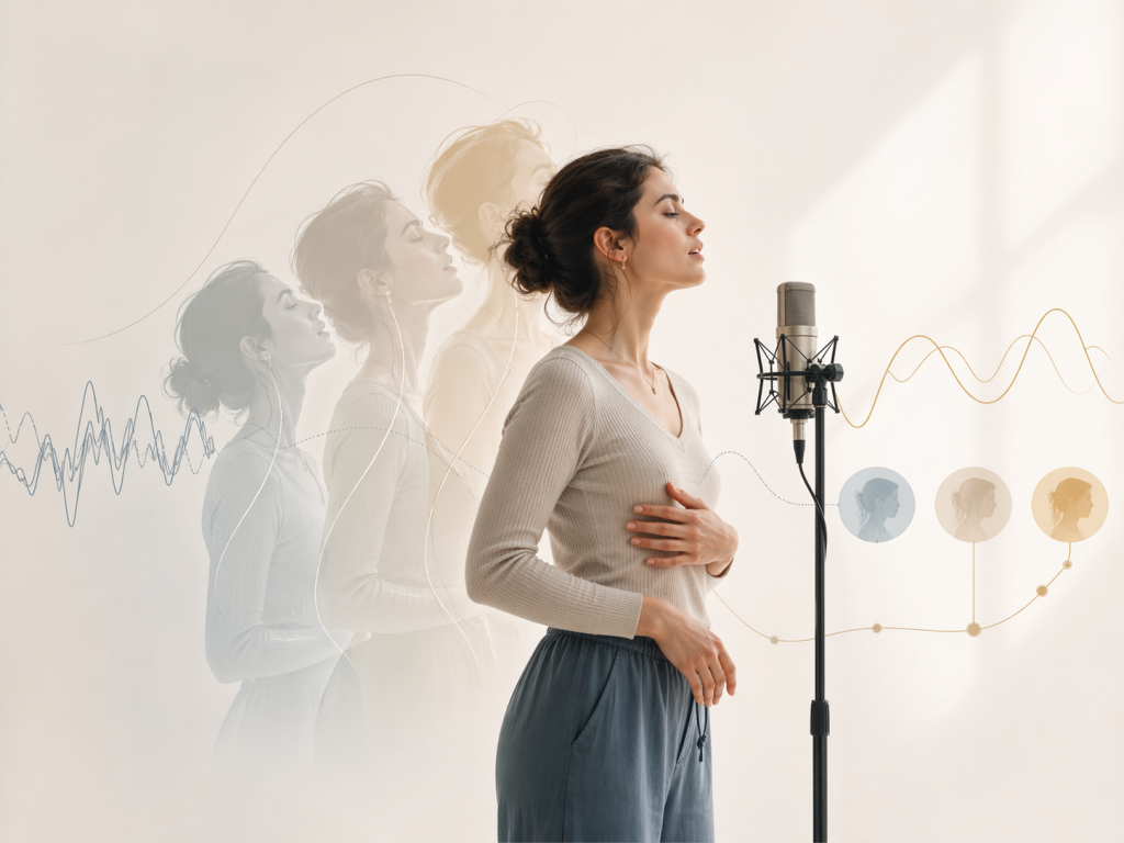 Woman singing into a studio microphone with a hand on her chest, surrounded by layered ghosted profiles and abstract sound waves in the background.
