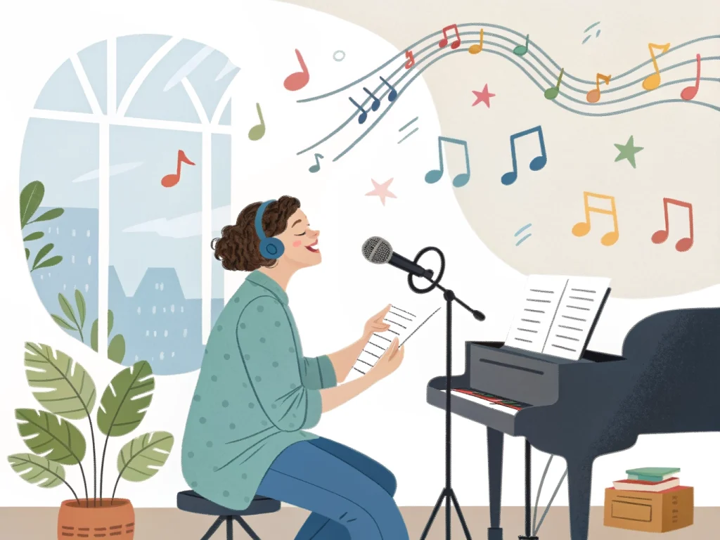 Person wearing headphones sings into a microphone beside a grand piano with sheet music and colorful notes flowing above in a bright room outside view.
