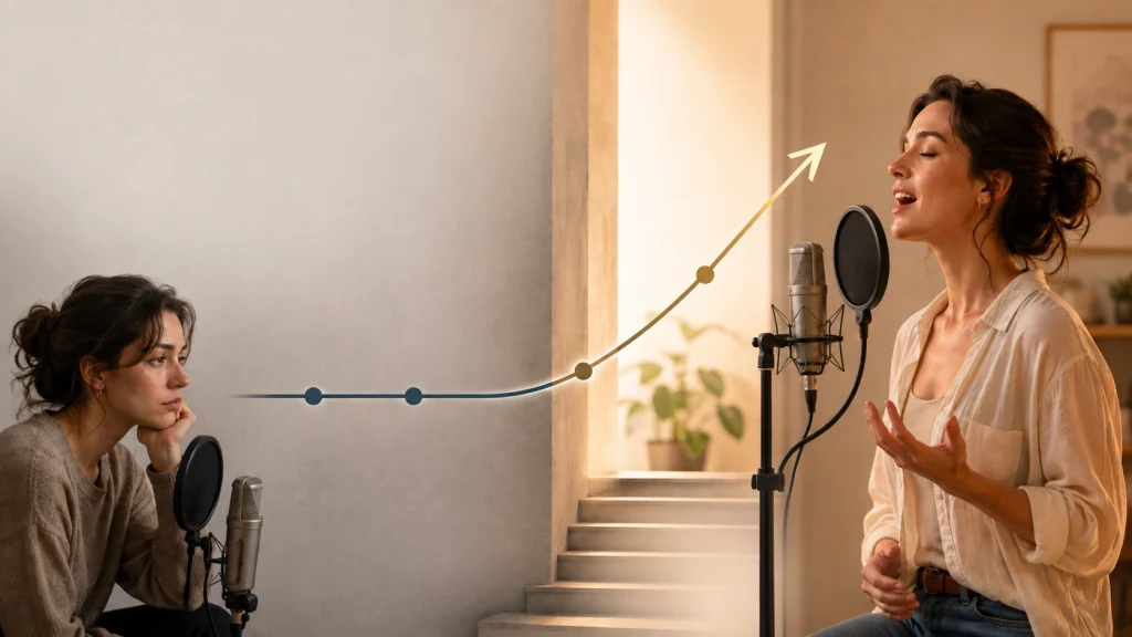 Two women recording a podcast: one sings into a microphone while the other listens pensively, with a rising arrow graphic between them suggesting growth.